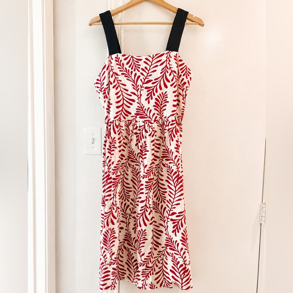 Who What Wear Red, White, and Black Botanical Print Dress with Black Straps Sz M